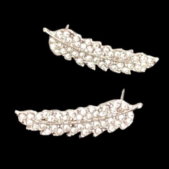 Sparkly Feather Ear Crawler Silver Tone Earrings, Angel Wings, Leaf Studs Gift - Picture 1 of 10